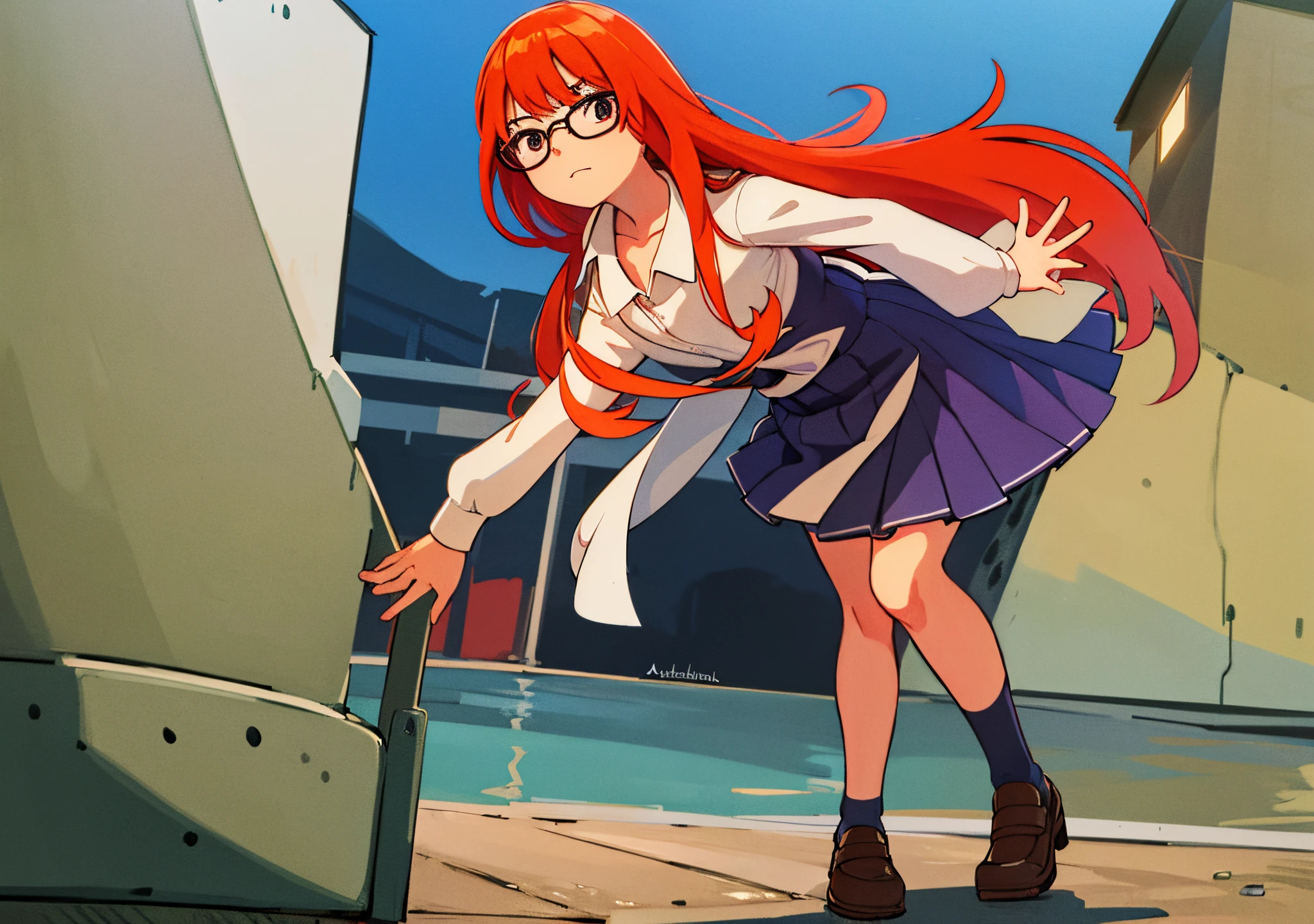 (mejor calidad: 0.8), (mejor calidad: 0.8), perfect anime illustration, Chica japonesa, Aula, Uniforme escolar, Cuello suelto, falda, Mirando por encima de las gafas, pelo entre los ojos, Red Hair Raise your index finger and one hand on your hip, enojado con las mejillas hinchadas, desde arriba, leaning forward,