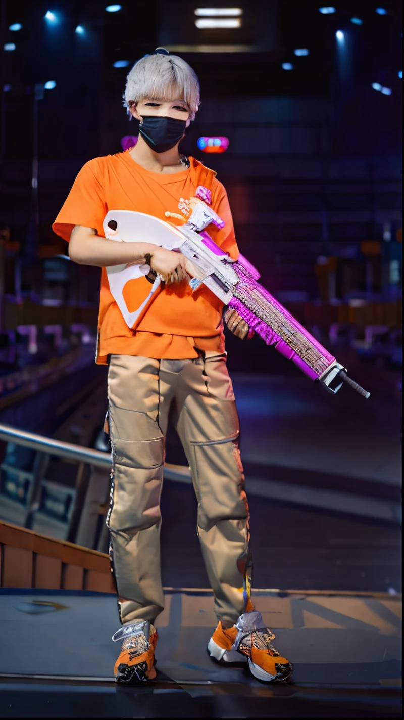 1 boy, short hair, orange shirt, cream pants, white hair, wearing a mask, realistic, ultra detailed, HD, 70mm lens, carrying a purple shotgun