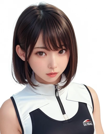 best quality, lifelike, 8k, high resolution, 1 girl, Miss, (skin dimpling), (portrait:0.6), Gorgeous, ((White background, sports vest, small breasts:1.8)), ((short straight hair, parted bangs:1.8)), looking at the audience, (1 girl's eyes looking at the viewer:1.6), lifelike, (Bokeh), (Keep your mouth shut:1.6), Gorgeous, pure face_v1,