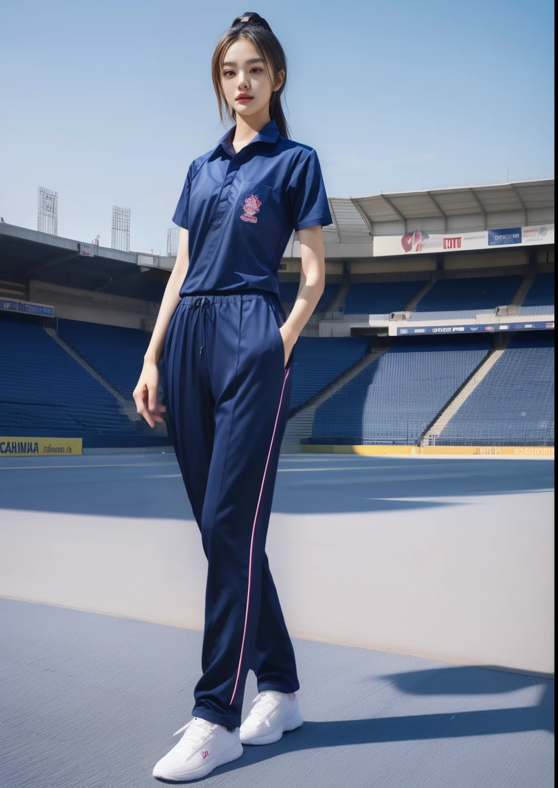 (bestquality,10,10,highres,masterpiece:1.2),ultra-detail,(Realistic,photorealistic portrait,photo-realistic:1.37),1 cute girl sitting on the football field,oily shiny skin,bara,light smile,BDclothelue shirt:1.3)),short sleeves,shirt, trousers.,(navy_long_Pants Track:1.1), ((Stadium Background:1.3)),dynamic angle,excited,face focus,Dynamic Poses,from behide,Ass Focus,masterpiece, bestquality, ultra realistic, hyper-detail, 8k resolution, RAW photo, crisp focus, ((Navy blue shirt:1.1)), short sleeves, Long Path, Perfect body, 2 mature women, 18yo, cinematic light,Blue sweatpants,Gymware,Correct anatomy,Complete body, Correct body, sharp face, Anatomically correct body, full entire body, Realistic gestures, long-haired, Realistic poses,Wear long shorts........................,Long leg span,Shapely,Sculpting Girl, Slender Figure, mannequin mannequins, Shapely, Beautiful body,Blue sweatpants
