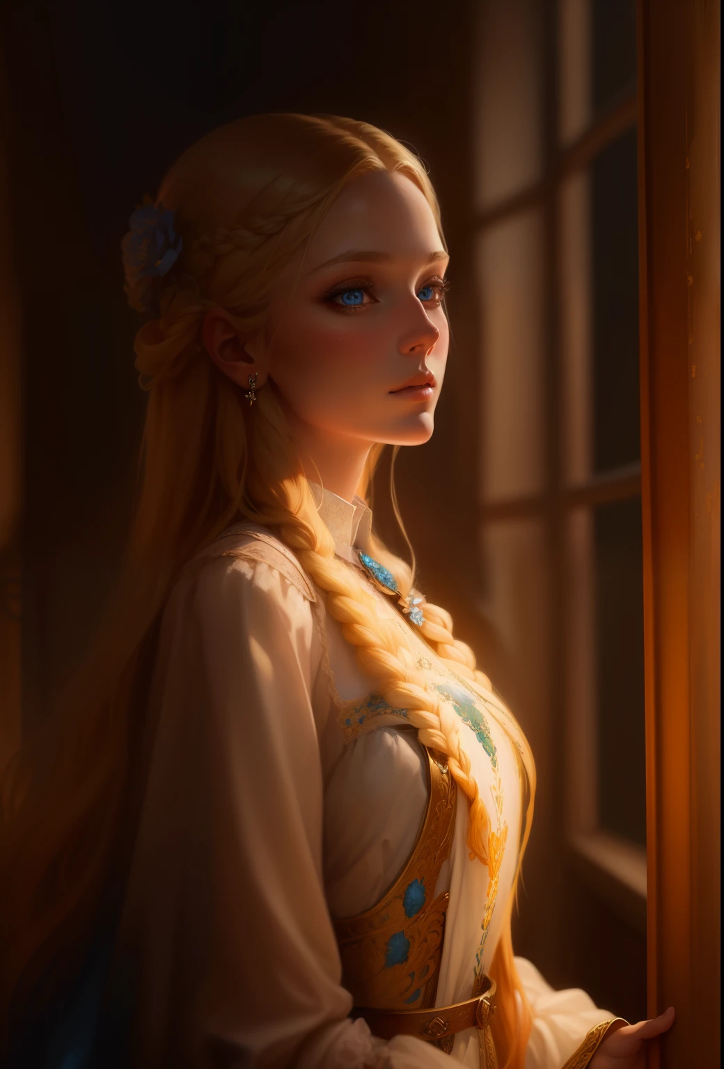 Painting of a woman with long blonde hair and blue eyes, Detailed matte fantasy portrait, beautiful fantasy portrait, beautiful fantasy art portrait, gorgeous digital painting, fantasy art portrait, beautiful digital painting, beautiful digital illustration, fantasy portrait, Detailed beautiful portrait, realistic cute girl painting, beautiful character painting, digital fantasy portrait, in the art style of bowater, beautiful digital artwork