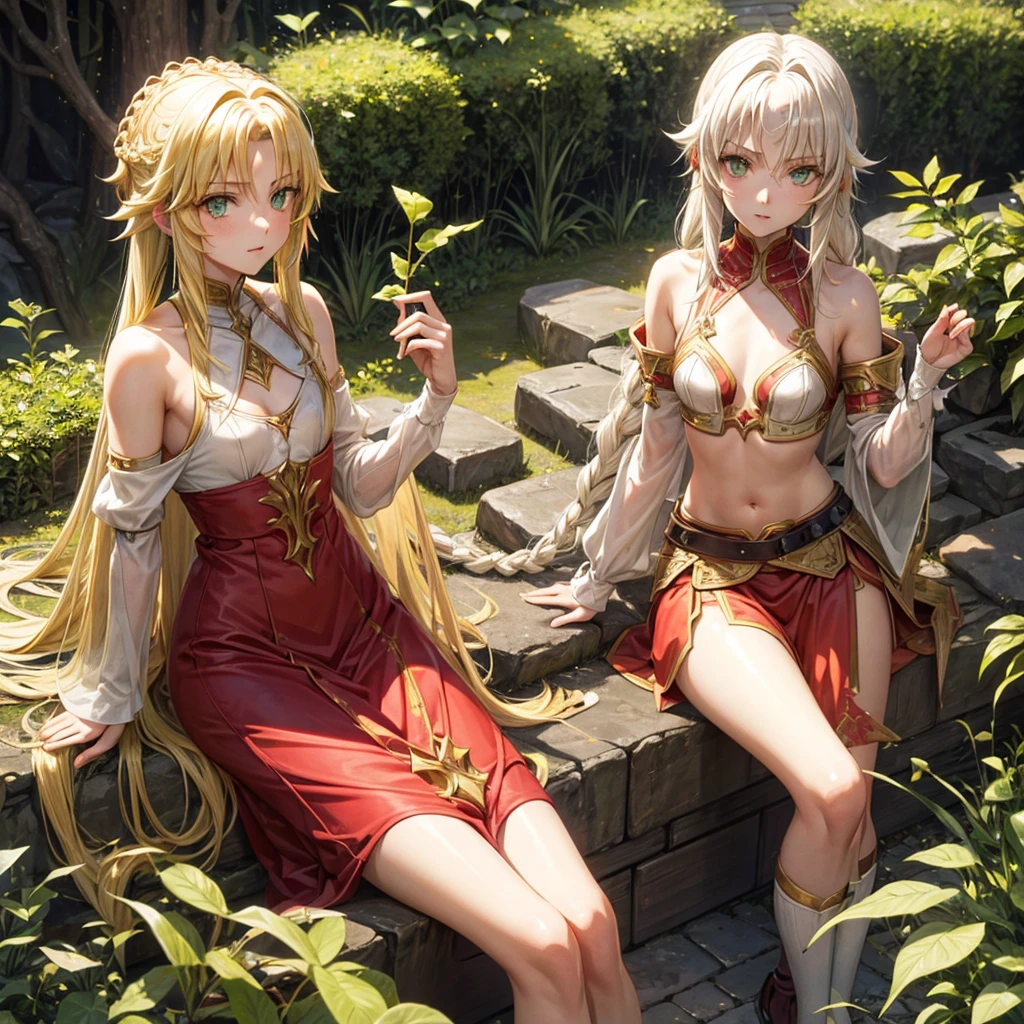 Mordred Pendragon, long braided yellow hair, green eyes, small breast,