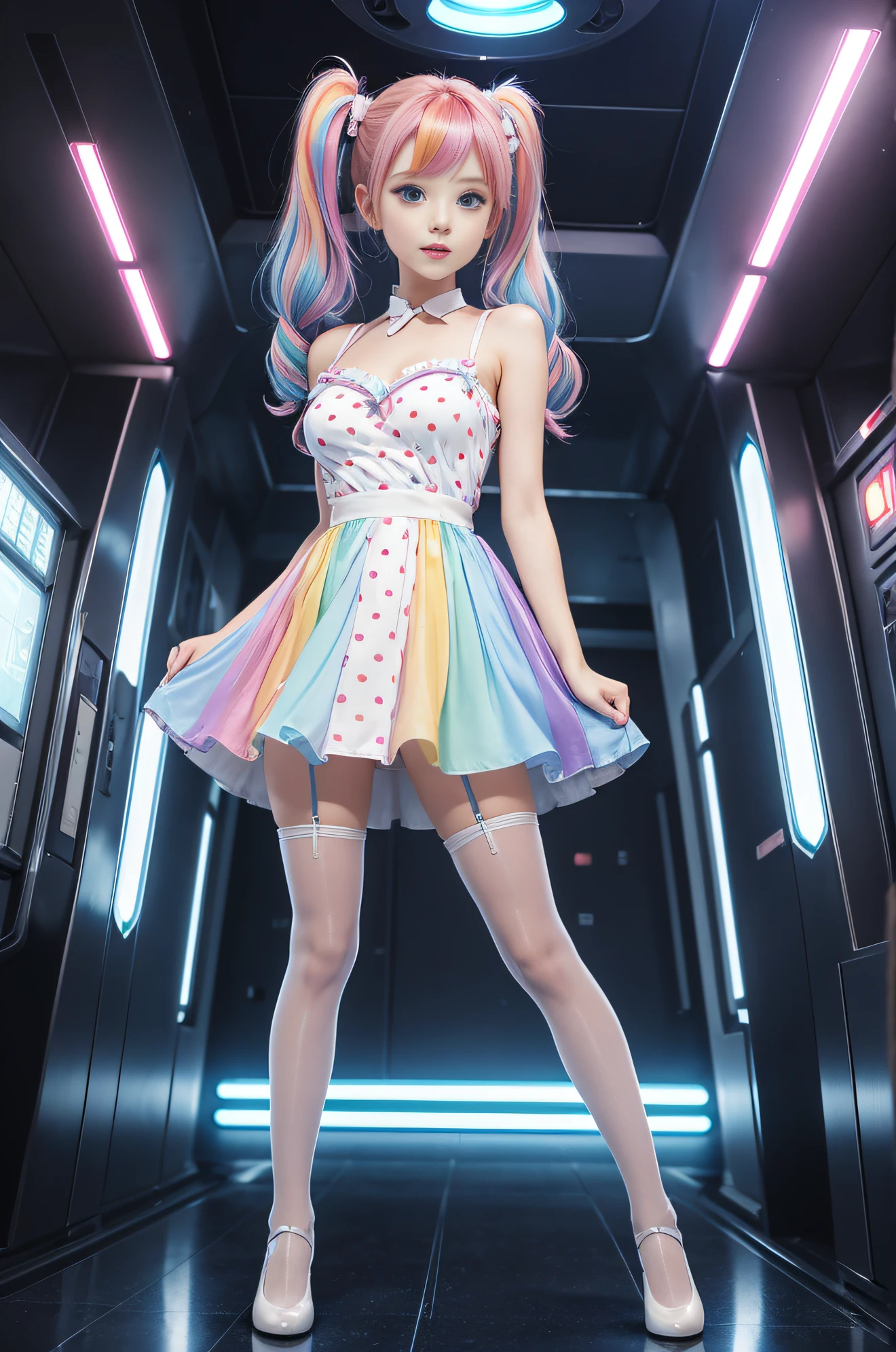 Cute redhead, gravure Idol, with rainbow colored hair tips, ribbons in her hair, 18-year-old woman, happy, in twin tails, perfect symmetrical eyes, clear sparkling blue eyes, pale skin, silky smooth skin, standing on a fancy luxurious space ship, large futuristic corridor, control panels, wood trim, decorative plants, warm lighting, wearing a futuristic party dress, pleated (chemise) mini dress (pastel rainbow colors, and polka dots), wearing full body pantyhose, cute short cut booties.