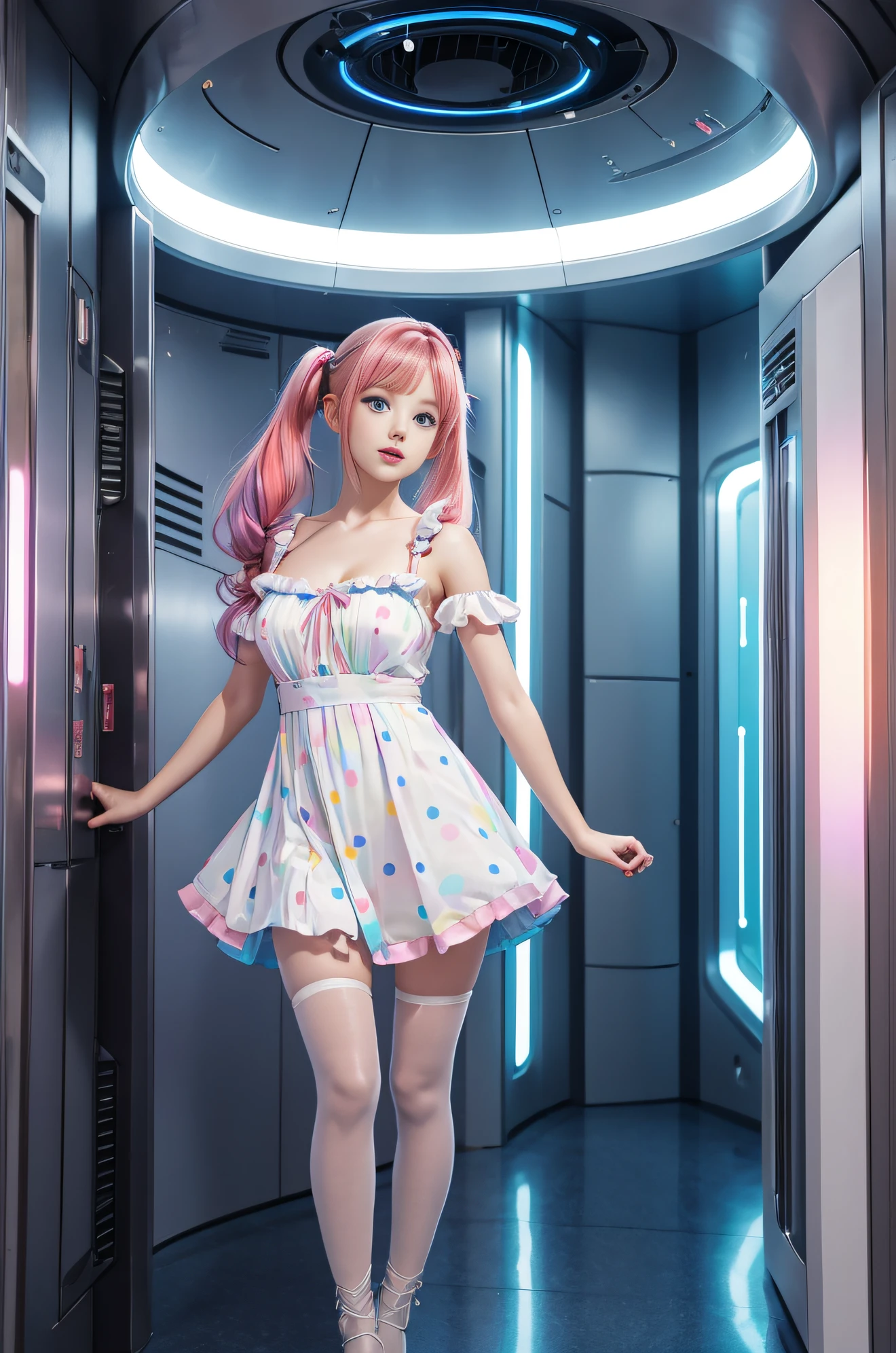 Cute redhead, gravure Idol, with rainbow colored hair tips, ribbons in her hair, 18-year-old woman, happy, in twin tails, perfect symmetrical eyes, clear sparkling blue eyes, pale skin, silky smooth skin, standing on a fancy luxurious space ship, large futuristic corridor, control panels, wood trim, decorative plants, warm lighting, wearing a futuristic party dress, pleated (chemise) mini dress (pastel rainbow colors, and polka dots), wearing full body pantyhose, cute short cut booties.