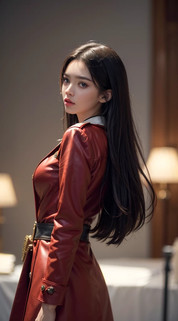 ((( Show full model from viewers))((master-piece))), (((beste-Qualit))), ((Very detail)), (Exaggerated.), (highly detailed CG illustration), Cinematic lighting, As realistic as a photo ,Very beautiful girl., (Beautiful face and lips), Light makeup, Big breasts, Intricately detailed images, Red coat, sword, Trending on artstation (Show full standing action pose.) (Realistic, movie look) (Low Angle) (realistic background)(Use a 200mm focus lens. Aperture f 2.0)(Full show of 2 legs)