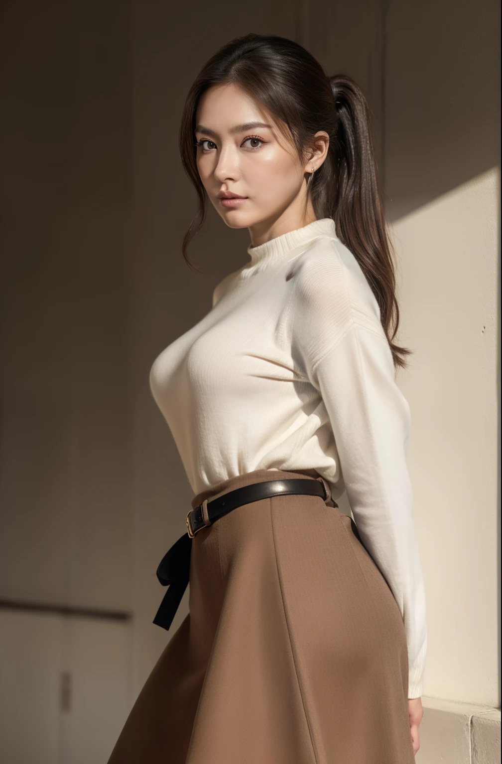 masuter piece, top-quality, ​masterpiece, hight resolution, Photorealsitic, Raw photography, 8k wallpaper, flawless, profetional lighting, ighly detailed, depth of fields,Pale solid color background, ((One beautiful woman)), ((40 years)), Female sexy, Detailed face, beautidful eyes, bangss, small breasts of good shape, Ponytail hair, Faint lips, ((Stand forward, gazing at viewer, serious face eyes)),Sweaters, skirt by the, cowboy  shot
