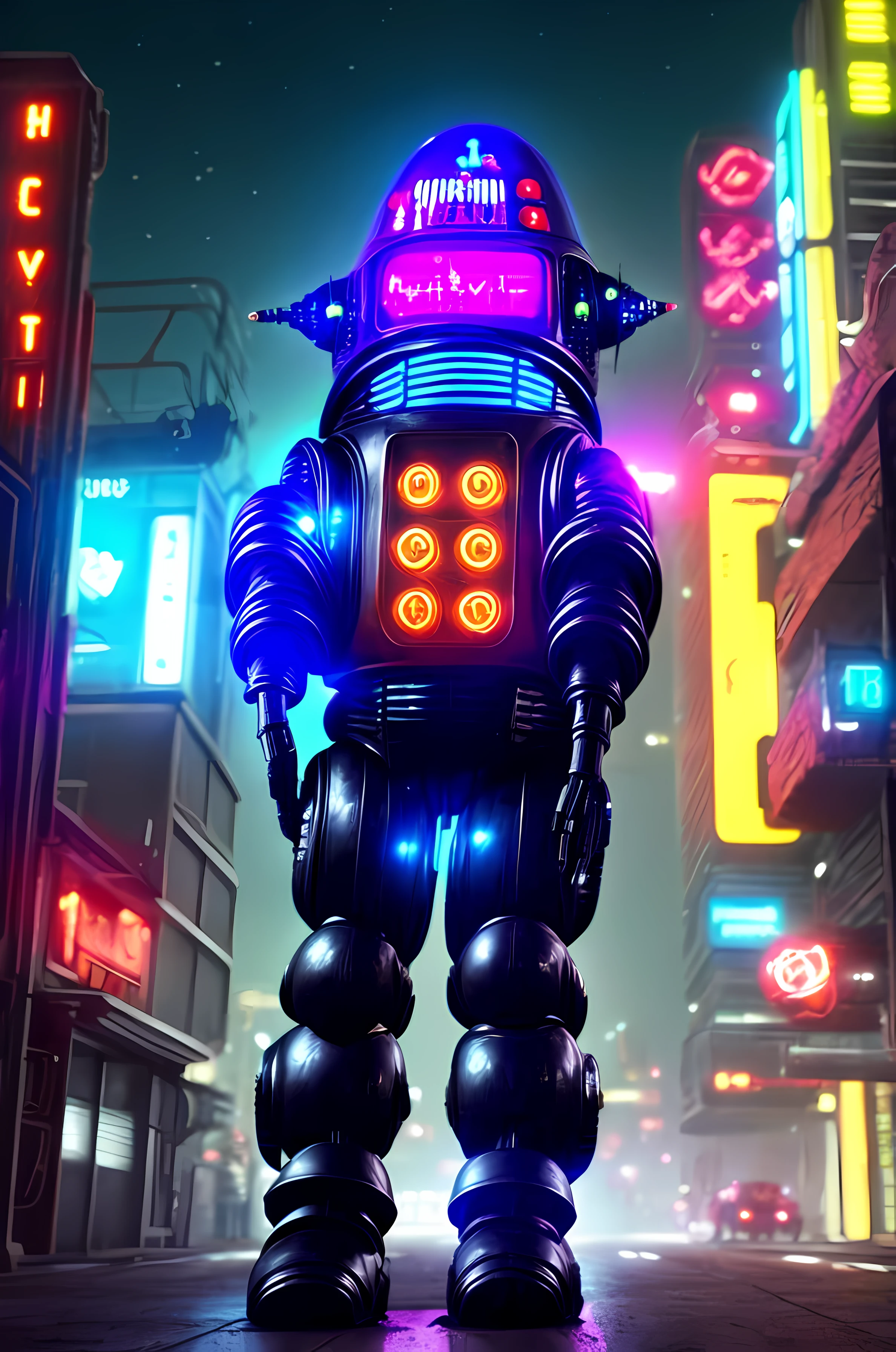 robby3  1robot a black robot in a cyberpunk dystopian alien city at night, neon, (cosmic), cinematic detailed, high quality, highres, 8k, high saturation