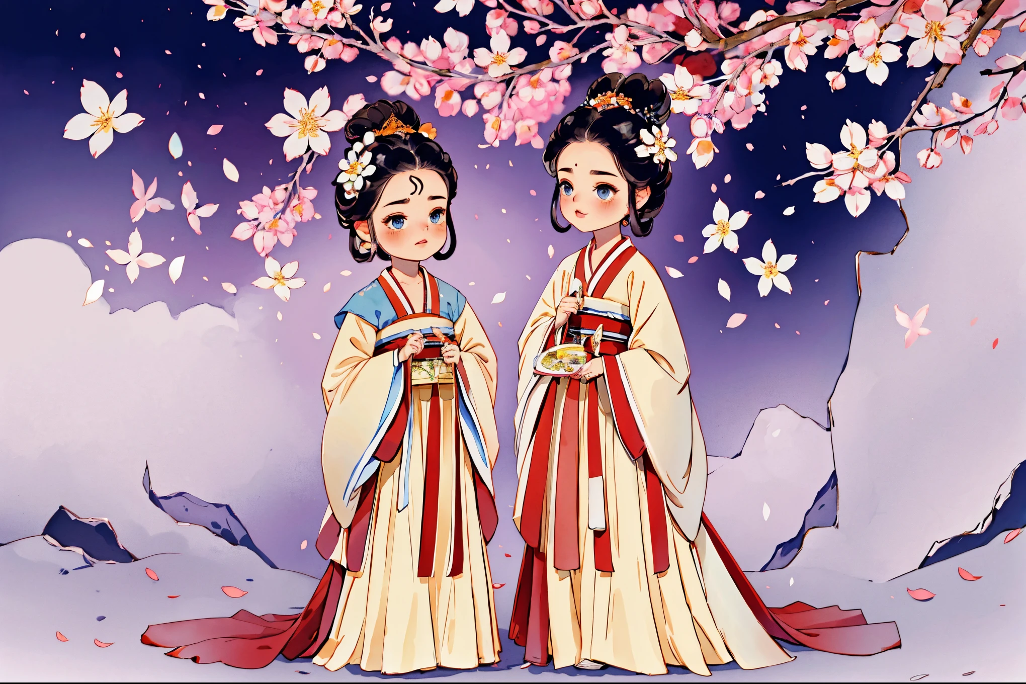 1 Sister, Alone, looking at viewert, face flushed, Background with, black hair color hair, hair adornments, longer sleeves, white backgrounid, everlasting, Full body lesbian, Hanfu, Sakura NS, flowers blooming, hairflower, hair-bun, butterflys, tmasterpiece, recent quality, The finest details, Clear facial features, beautidful eyes