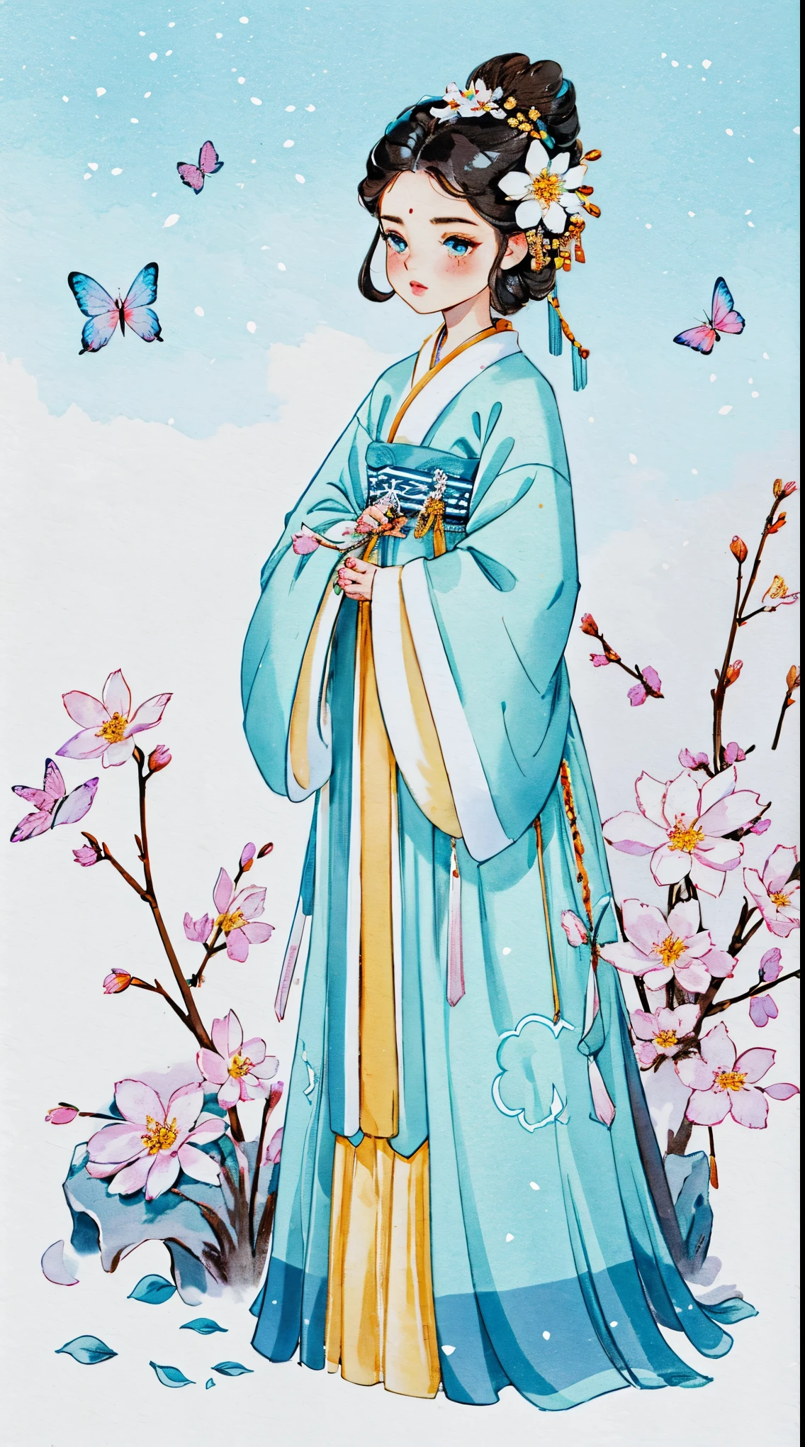 1 Sister, Alone, looking at viewert, face flushed, Background with, black hair color hair, hair adornments, longer sleeves, white backgrounid, everlasting, Full body lesbian, Winters, snowflower, Hanfu, Sakura NS, flowers blooming, hairflower, hair-bun, butterflys, tmasterpiece, recent quality, The finest details, Clear facial features, beautidful eyes