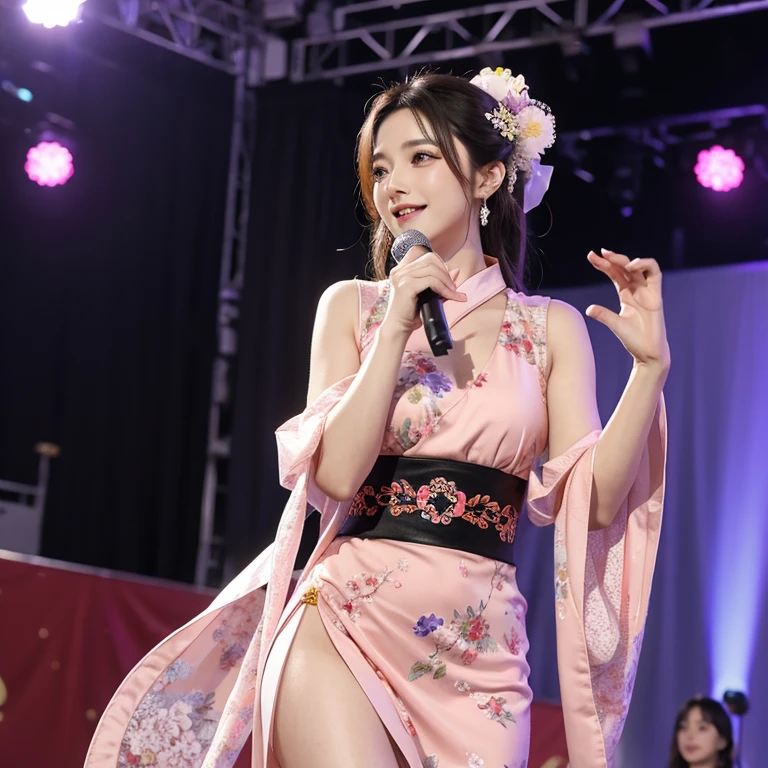 delicate, Tabletop, Beautiful details, colorful, In detail,Detailed lips, Intricate details, (1 female:1.1), (ゴージャスin美しい30歳のセクシーな韓国人女性:1.1),(K-Pop Idols, Korean mixed), (Tied Hair:1.1), (50mm Sigma f/1.4 ZEISS Lenses, F1.4, 1/800s, ISO100, photograph:1.1), Big ample ,(Realistic:1.1), 一人in,  look up_in_Audience, Tall Woman, ,Smile,  from_front, Earrings, slim_foot, skinny, thigh_gap, model, Lens flare, choker,(hanbok+See-through silhouette, Wedge heels:1.3), South Korea commentary,  Korean_street, Korean_Traditional_彼らは望んinいます,One boy, , Squatting cowgirl, , throw,