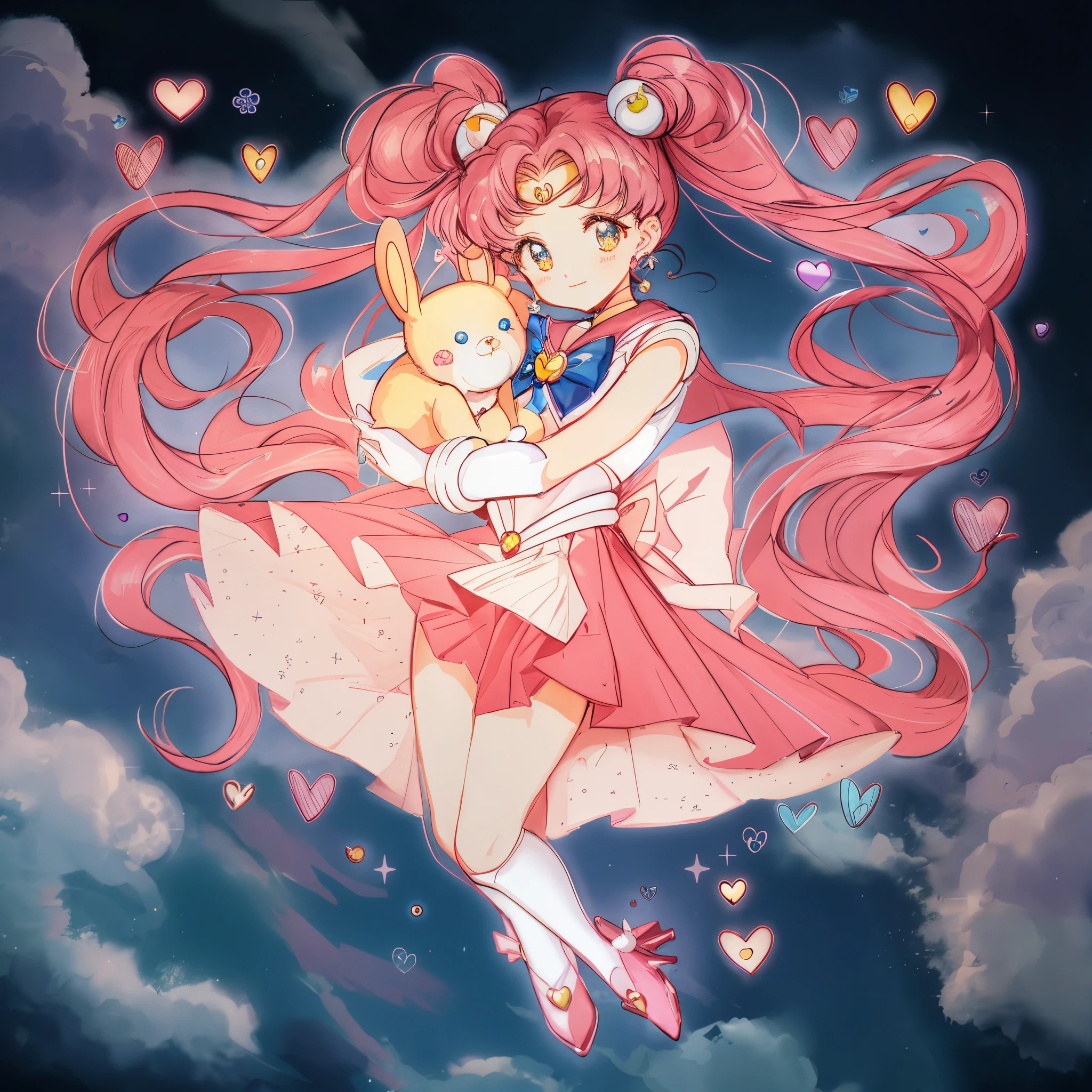 Long-haired anime girl holding a teddy bear in her arms, Mariner Moon!!!!!!!!, by Sailor Moon, Mariner Moon. The beautiful, sailor moon style, inspired by Naoko Takeuchi, portrait of the magical girl, Magical girl style, Monochrome artwork!!, change, Loish and clip styles, High-quality fanart, Official illustration, inspired by Sailor Moon