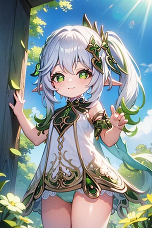 upkirt, loli, outside, smiling, confident, sunny, happy, bright sunlight, grass, pointy ears, hair ornament, white hair, green hairstreak, side ponytail, masterpiece, best quality, panties
