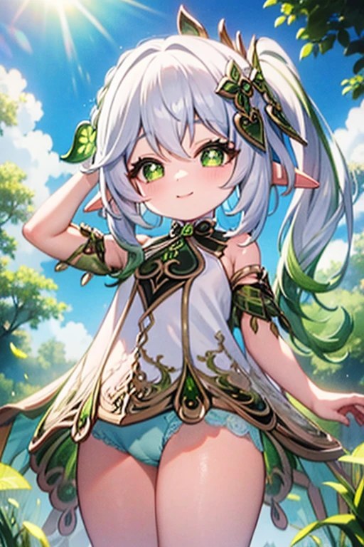 upkirt, , outside, smiling, confident, sunny, happy, bright sunlight, grass, pointy ears, hair ornament, white hair, green hairstreak, side ponytail, masterpiece, best quality, panties