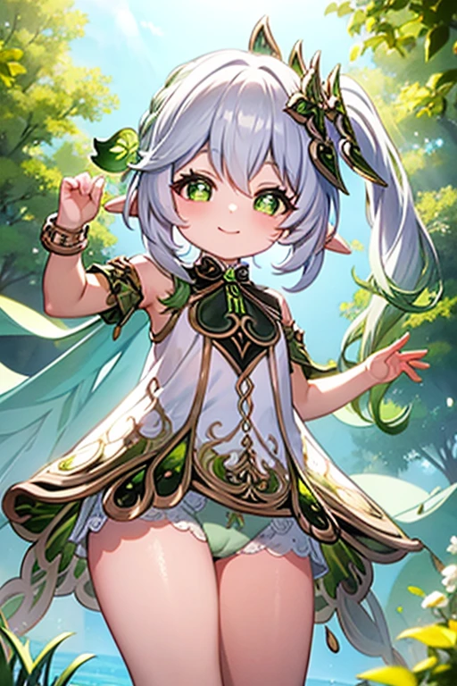 upkirt, , outside, smiling, confident, sunny, happy, bright sunlight, grass, pointy ears, hair ornament, white hair, green hairstreak, side ponytail, masterpiece, best quality, panties