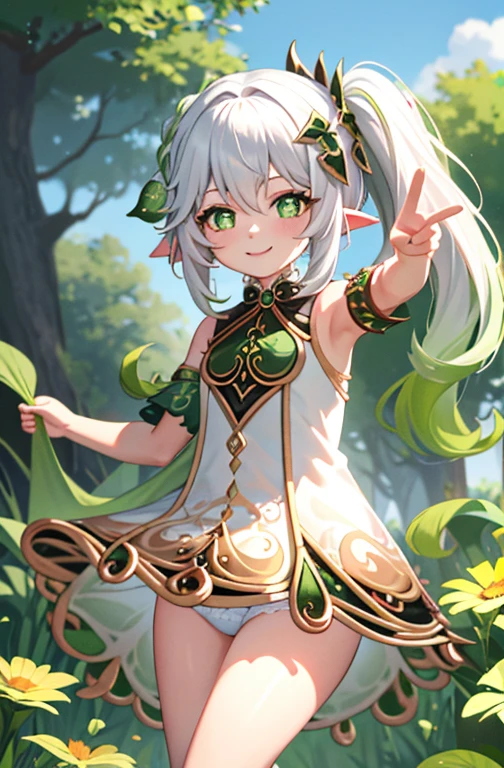 upkirt, loli, outside, smiling, confident, sunny, happy, bright sunlight, grass, pointy ears, hair ornament, white hair, green hairstreak, side ponytail, masterpiece, best quality, panties