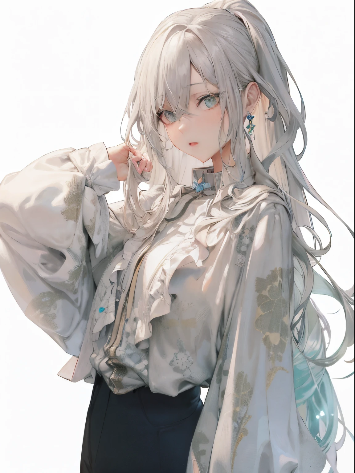 Anime - style image of a woman with long white hair and wearing a blouse, white  hair, white haired god, Silver hair (Ponytail), white  hair, perfect gray hair girl, Girl with white hair, white hair woman, silber hair, White-haired, silver hair girl, from girls frontline, Girl Silver Hair, render of april, with long white hair