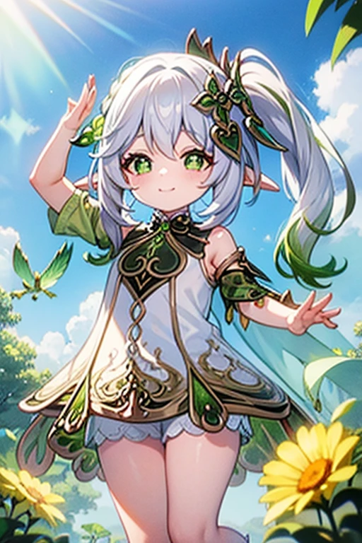 upkirt, loli, outside, smiling, confident, sunny, happy, bright sunlight, grass, pointy ears, hair ornament, white hair, green hairstreak, side ponytail, masterpiece, best quality, bottomless