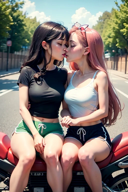 a couple of girls sitting on motorcycle saddle, a cartoon, happening, kissing together cutely, sport, animation still screencap, dolphin shorts,