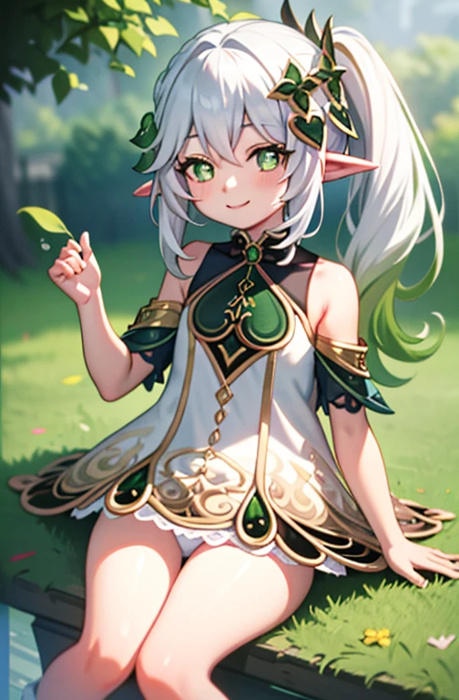 upkirt, loli, flat chest, 10 years old, outside, smiling, confident, sunny, happy, bright sunlight, grass, pointy ears, hair ornament, white hair, green hairstreak, side ponytail, masterpiece, best quality, panties