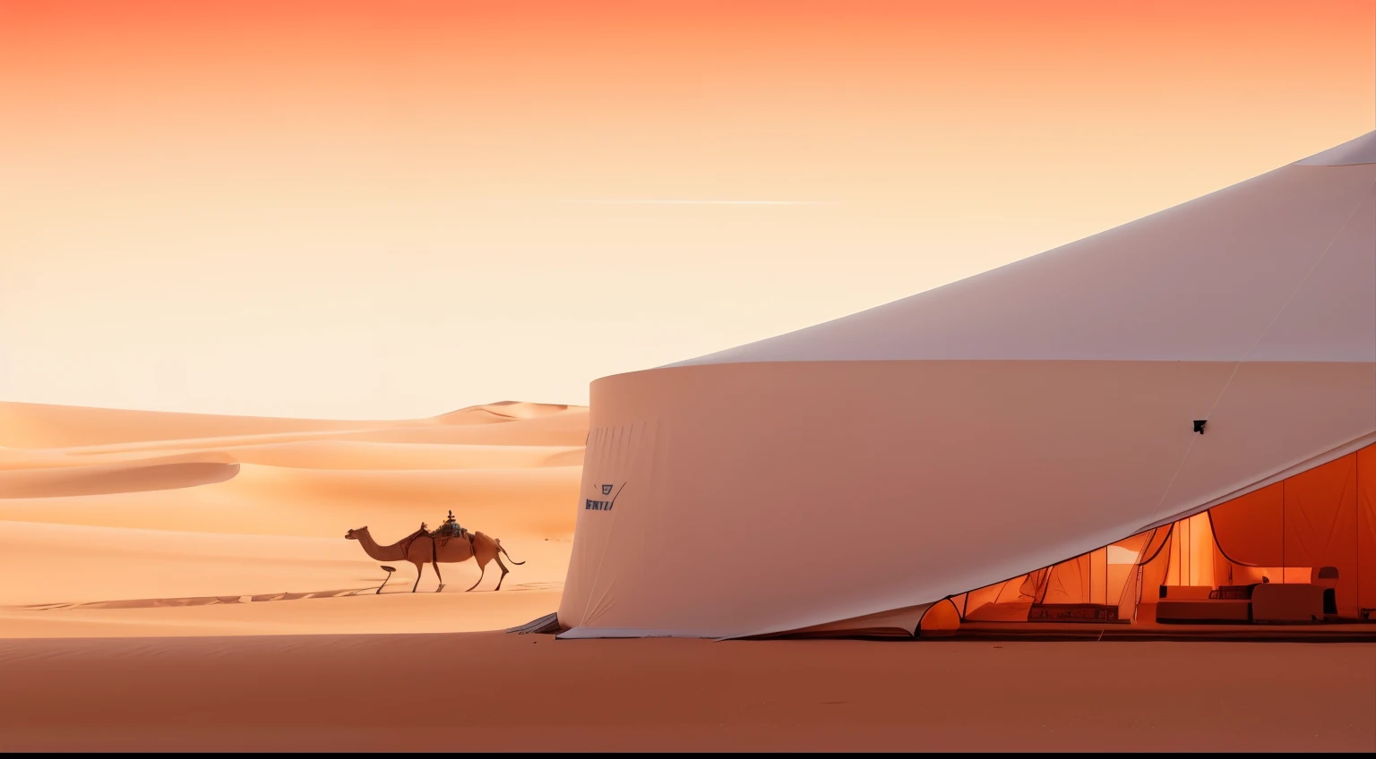 There is a camel walking in the desert with a tent, in a futuristic desert palace, futuristic in the desert, Somewhere in the desert, In a vast silent desert, sand desert fantasy, 2020 Dune movie stills, In the middle of the desert, In the desert, desert atmosphere, on the desert, sand dune, tent architecture，sunset backdrop，Camel caravan