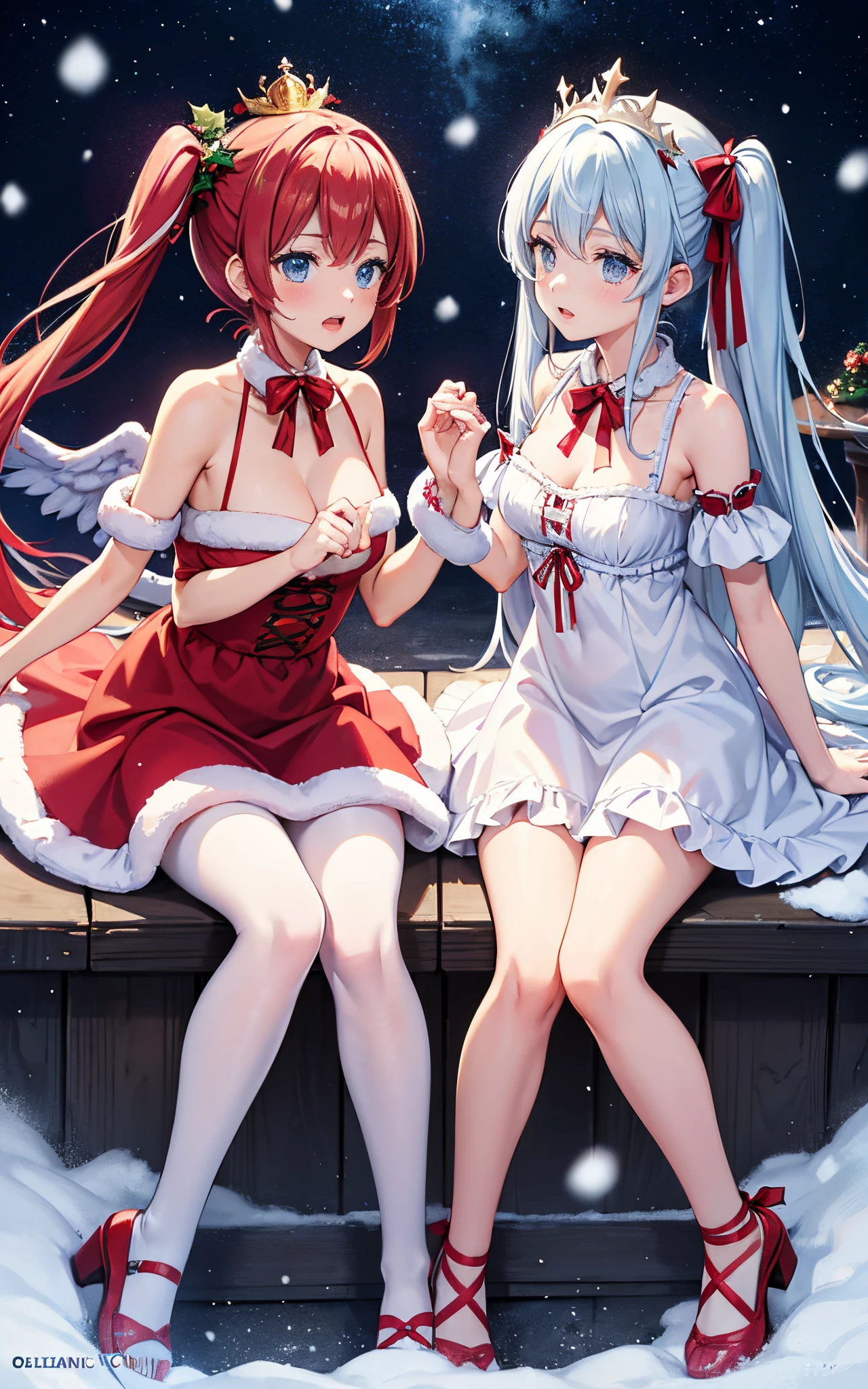 (Christmas mood), Two girls, red father christmas dress,
pastel harmony garden, (Dynamic Pose),
Short dress with pastel angel wings,
Playful ruffles and layers add a whimsical touch,
Flattering silhouette,
A garland decorated with flowers is worn as a crown,
Light blue long hair、Tie a ribbon in your twintail hair,
Lace-up sandals or ballet shoes with ribbons,
Falling snow, Snowflake theme is a large Christmas fir tree),
, Masterpieces,