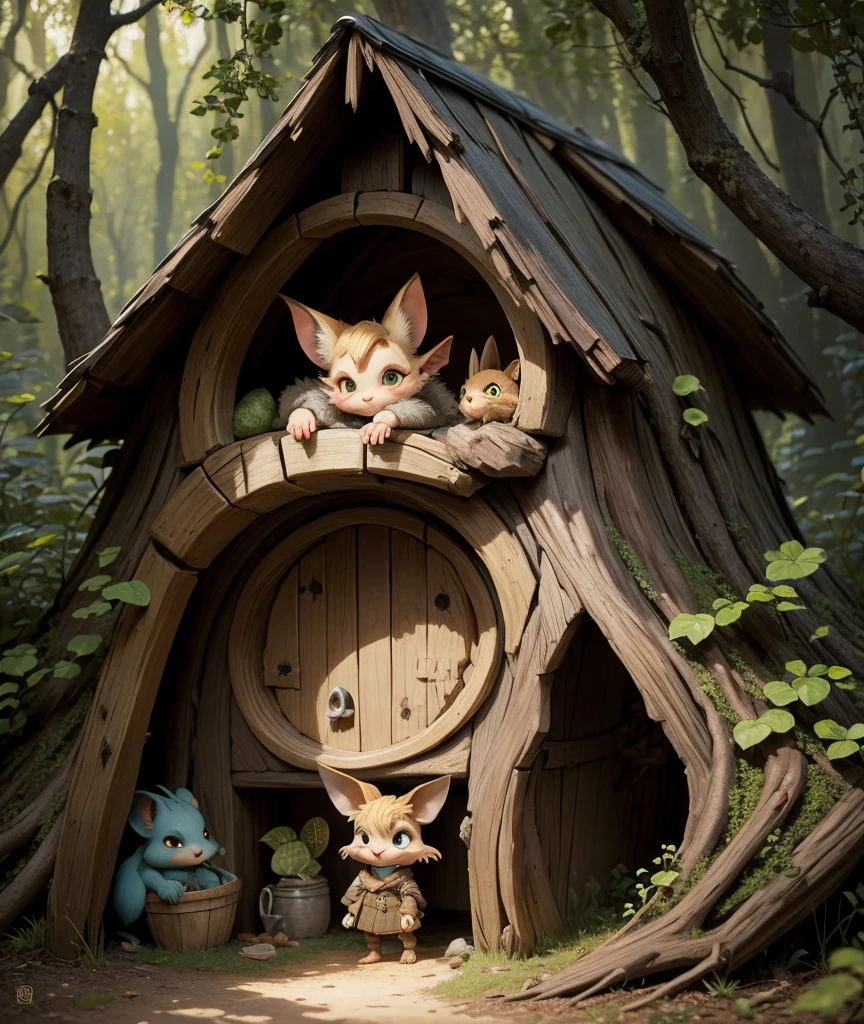 dark fantasy style, John Tolkien style, Small painting  Jean-Baptiste Monge Style of a, Little gremlin, looks like a cute little baby jerboa, large semicircular pointed ears, tousled , Sand-colored wool, wears a rag raincoat, woods, peeks out of a hole-house, house in the fox hole, big roots, Summer Forest, Hobbit-on village. Jean-Baptiste Monge, anthropomorphic