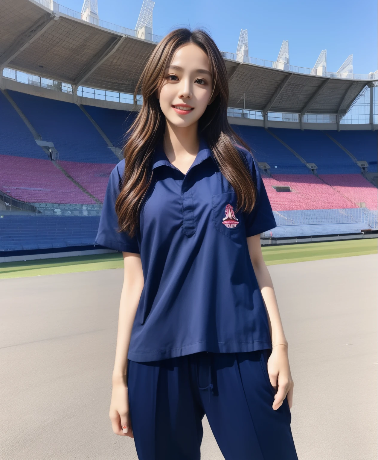 (bestquality,10,10,highres,masterpiece:1.2),ultra-detail,(Realistic,photorealistic portrait,photo-realistic:1.37),1 Cute girl in the football field,oily shiny skin,bara,light smile,BDclothelue shirt:1.3)),short sleeves,shirt, trousers.,(navy_long_Pants Track:1.1), ((Stadium Background:1.3)),dynamic angle,excited,face focus,Dynamic Poses,from behide,Ass Focus,masterpiece, bestquality, ultra realistic, hyper-detail, 8k resolution, RAW photo, crisp focus, ((Navy blue shirt:1.1)), short sleeves, Long Path, Perfect body, 2 mature women, 18yo, cinematic light,Blue sweatpants,Gymware,Correct anatomy,Complete body, Correct body, sharp face, Anatomically correct body, full entire body, Realistic gestures, long-haired, Realistic poses,Wear long shorts....................................,Long leg span,Shapely,Sculpting Girl, Slender Figure, mannequin mannequins, Shapely, Beautiful body,Blue sweatpants, Two girls kissing