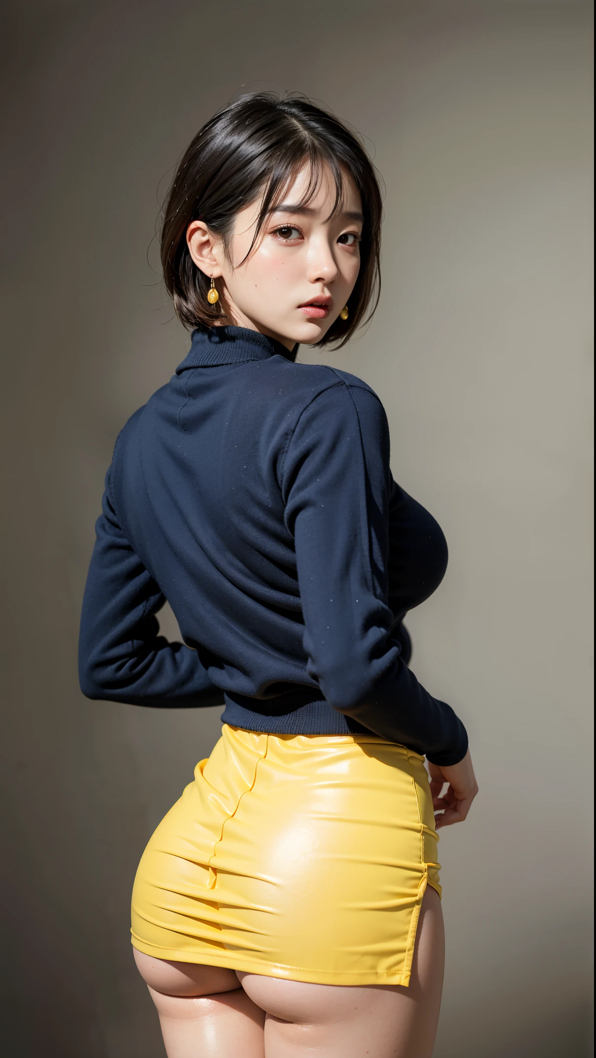 (Best Quality, 8K, 32 k, Masterpiece, UHD:1.2), pretty korean girl photo, Very big breasts, very short short hair, Very realistic skin texture, subtle facial noises, Very detailed lips, cowboy shots, sface focus, yellow line skirt, Earrings, dark studio background, uniform lighting, Looking at the viewer, soft and smooth body, Slender body, Wide Buttocks, thick-thighs, Contraposto, Esza Pose