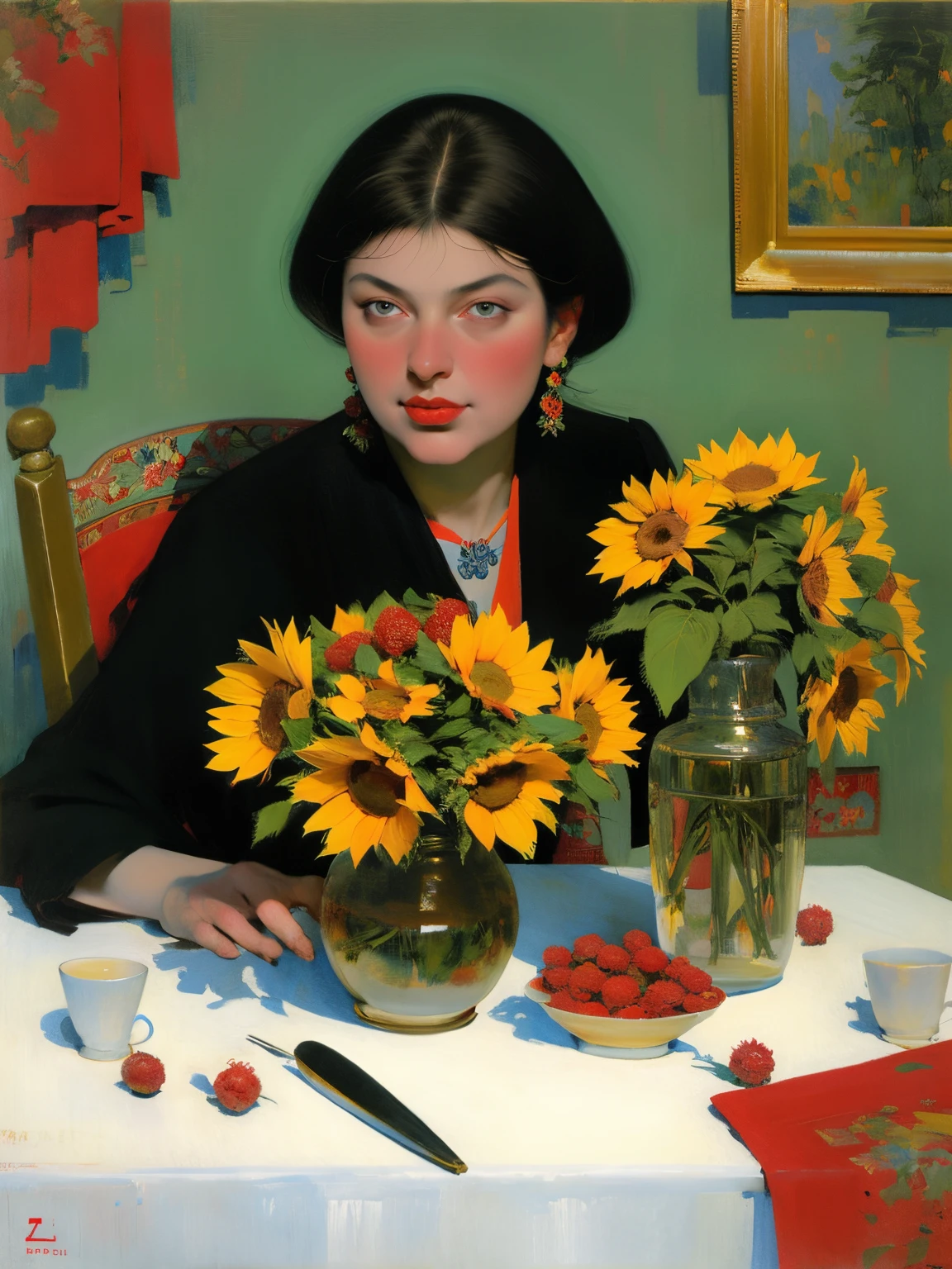 Sunflowers and red berries, author:Dechiko Uzunov, Natalia Goncharova, soviet painting, traditional art, author:Ilya Glazunov, author:Gyorgy Rozsahedhi, author:Reiko Ikemura, Pavel Filonov, by Elena Karimova