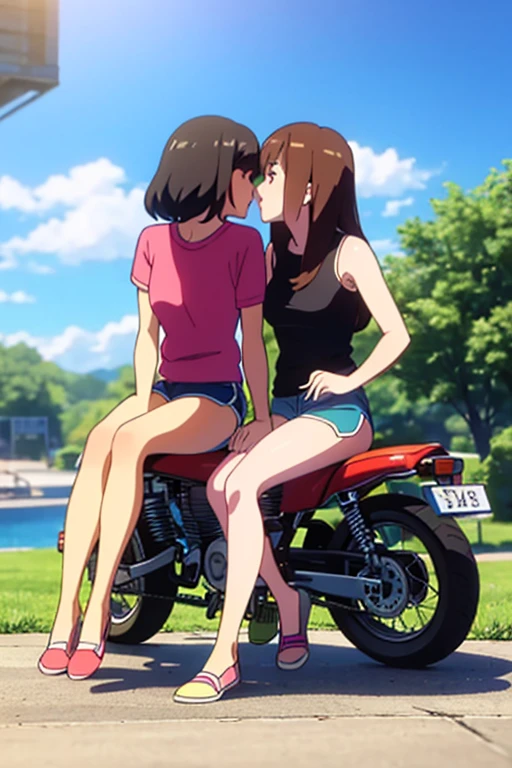 a couple of girls sitting on motorcycle saddle, a cartoon, happening, kissing together cutely, sport, animation still screencap, dolphin shorts,