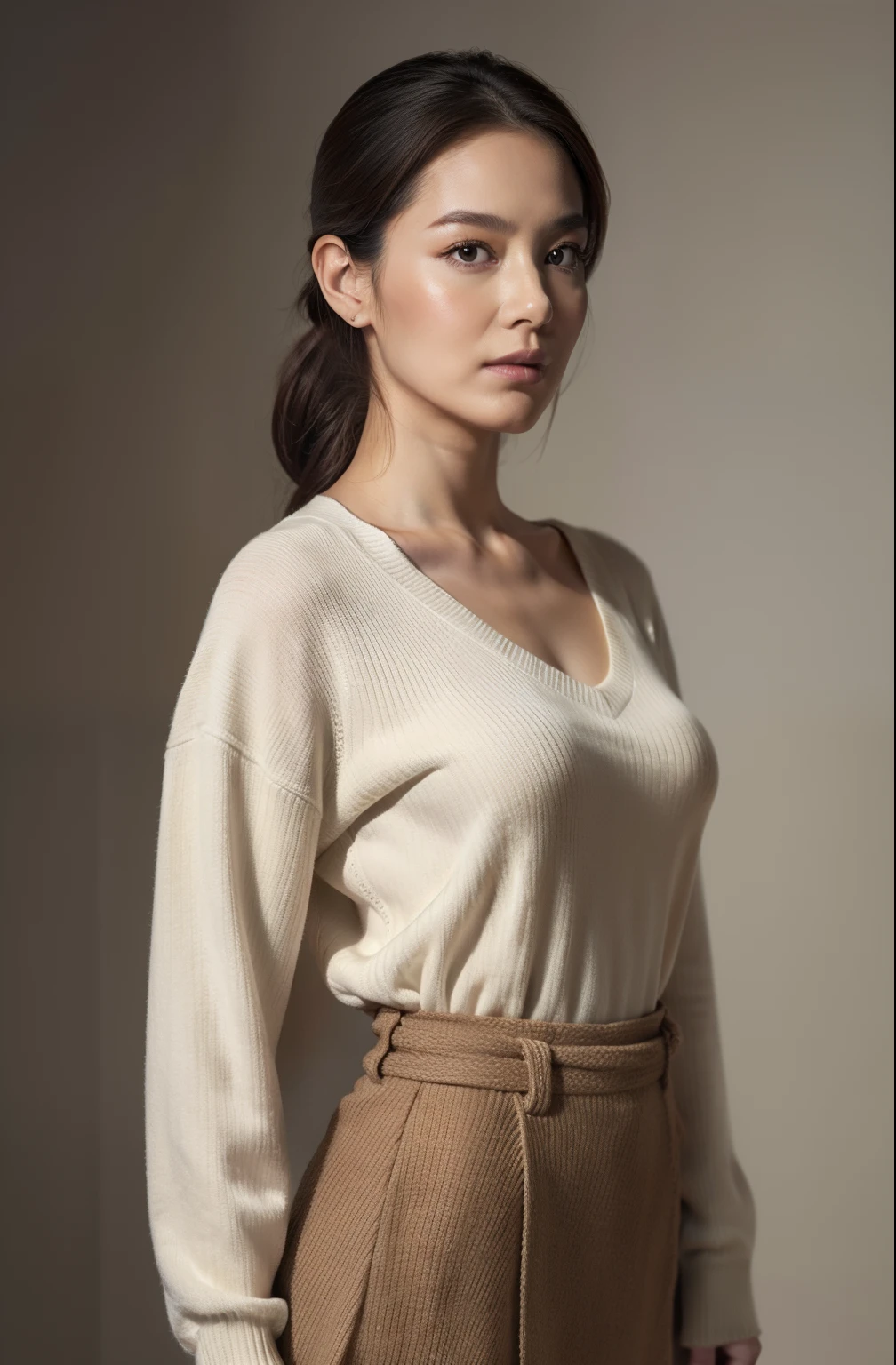 masuter piece, top-quality, masterpiece, hight resolution, Photorealsitic, Raw photography, 8k wallpaper, flawless, profetional lighting, ighly detailed, depth of fields,Pale solid color background, ((One beautiful woman)), ((50 years old)), Female sexy, Detailed face, beautidful eyes, bangss, small breasts of good shape, Ponytail hair, Faint lips, ((Stand forward, gazing at viewer, serious face eyes)),Sweaters, skirt by the, cowboy shot