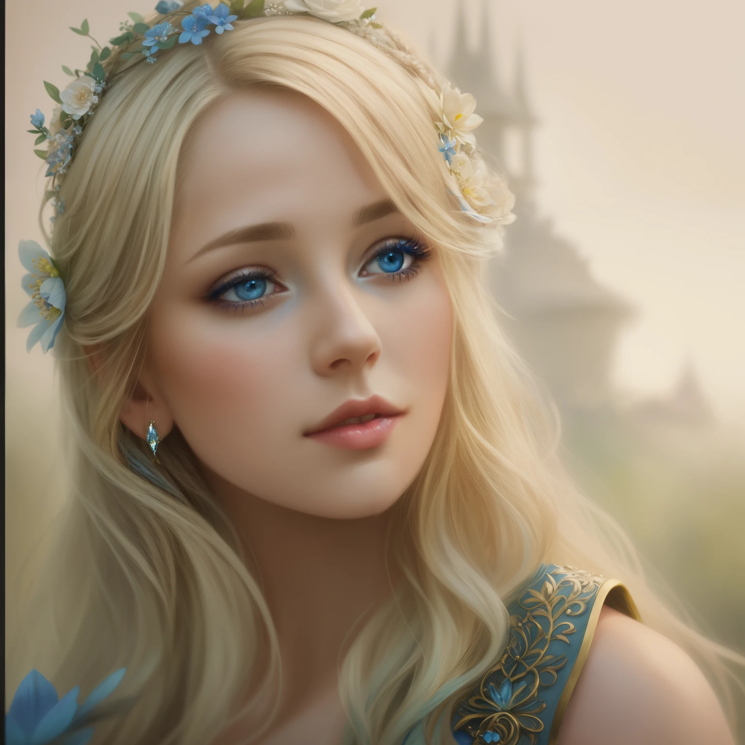 blonde with blue eyes and a blue dress with a flower in her hair, fantasy concept art portrait, Detailed matte fantasy portrait, alexandra fomina artstation, beautiful character painting, Princess PortraitP-art, realistic fantasy illustration, fantasy art portrait, fantasy portrait art, intricate wlop, stunning character art, cgsociety portrait, beautiful fantasy art portrait