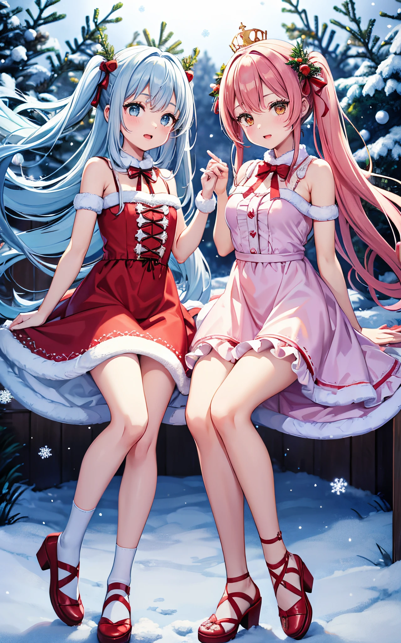 (Christmas mood), Two girls, red father christmas dress,
pastel harmony garden, (Dynamic Pose),
short dress with pastel angel wings,
Playful ruffles and layers add a quirky touch,
Flattering silhouette,
A wreath decorated with flowers is worn as a crown,
Light blue long hair、Tie a ribbon to the twintail hair,
Lace-up sandals or ballet shoes with ribbons,
Falling snow, Snowflake theme is a big Christmas fir tree),
, Masterpieces,