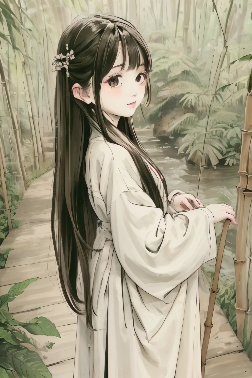tmasterpiece, Best quality at best, offcial art, 8k wallpaper, The is very detailed, illustratio, 1 girl, brunette color hair, long whitr hair, A detailed eye, bamboo forrest, of shoulders, lakes, pure, gently smiling,