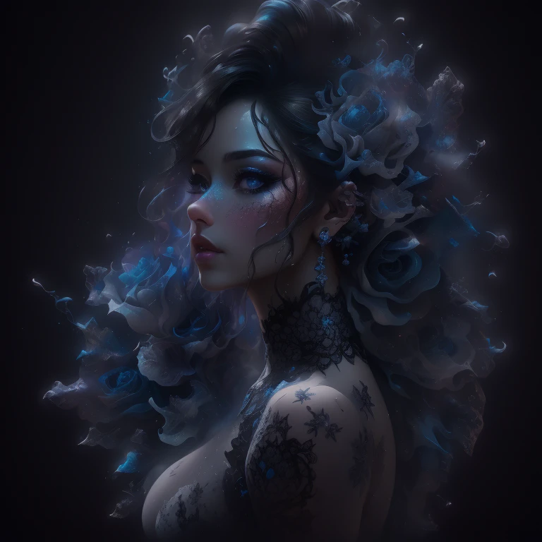 alberto seveso art, model girl dancing silhouette, Full body,water ink, black ink water, blue ink cloud, White foam, alberto seveso art, loose painting style, intricate detailes, Cinematic lighting, Octane Render, 8k render, Volumetric lighting, Black background