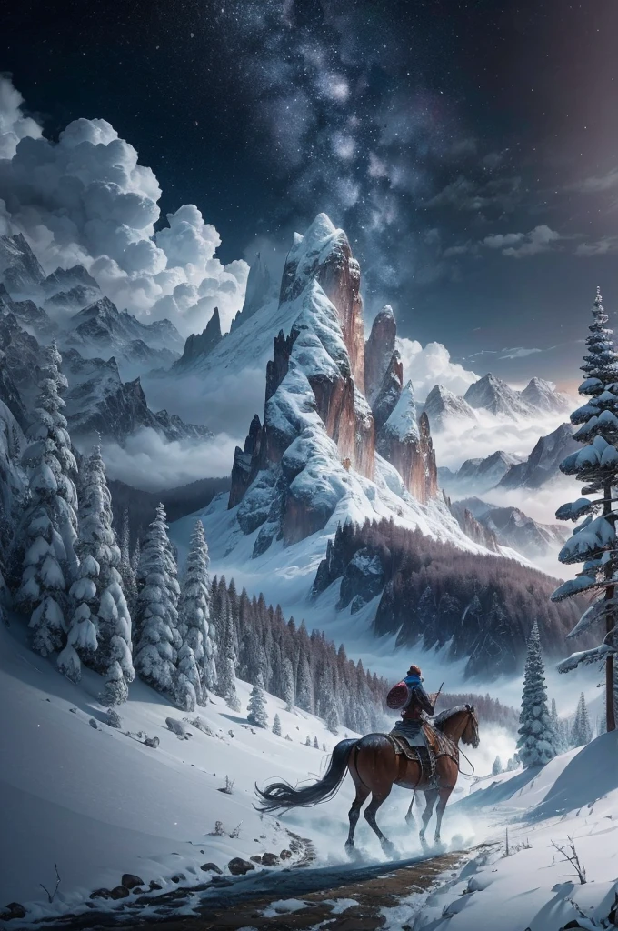 (8K, RAW photogr, Best quality at best, tmasterpiece:1.2), (actual, Photorealistic:1.4), (extremely detaild的 CG unified 8k wallpapers), Chinese classical style,vast mountains、Snow cover、Heavy snow is falling from the sky,Costumed swordsman,Riding a chestnut horse and walking alone,Leave a lonely back。(fantasy)、(Grandiose sceneeautiful)、(Giant)