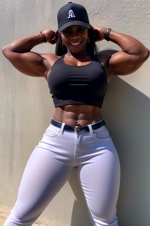 50 year old akilah bodybuilder baseball hat tight jeans and crop top