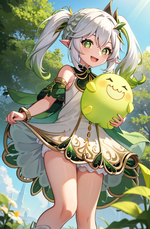 upkirt, loli, outside, open mouth, happy, smiling, sunny, happy, bright sunlight, grass, pointy ears, hair ornament, white hair, green hairstreak, from below, side ponytail, masterpiece, best quality, pussy, bottomless, skirt blowing up