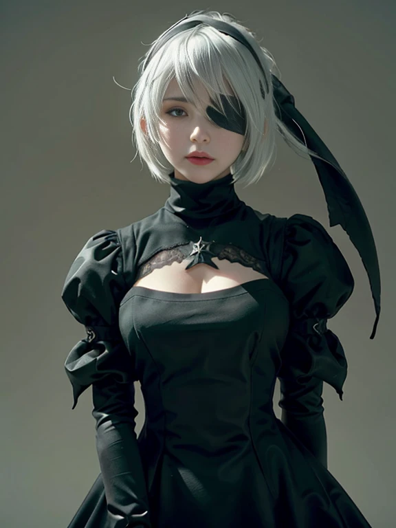 yorha no. 2 type b, 1girl, wlop, (blindfold), breasts, cleavage, cleavage cutout, clothing cutout, green background, hair between eyes, hairband, highres, juliet sleeves, long sleeves, nier (series), nier automata,  puffy sleeves, red lips, shaded face, short hair, solo, turtleneck, upper body, white hair, sky