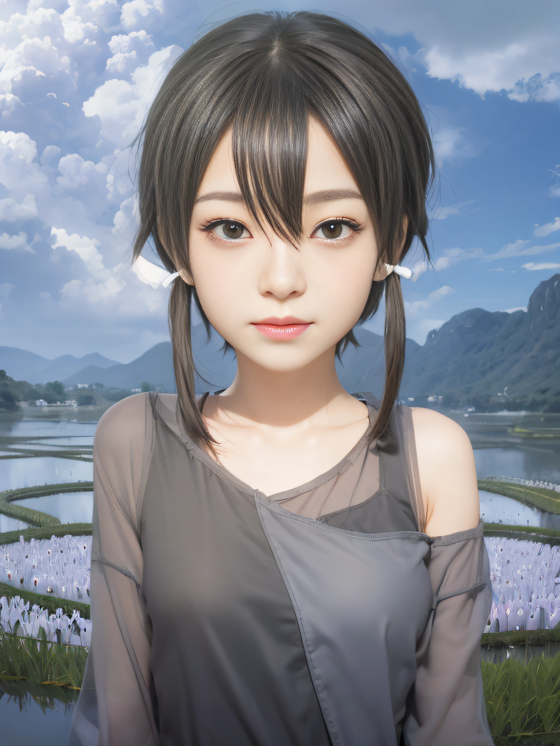 masterpiece, best quality, (realistic, photo-realistic:1.4), (RAW photo:1.2), extremely detailed CG unity 8k wallpaper, delicate and beautiful, amazing,finely detail, official art, absurdres, incredibly absurdres, huge filesize, ultra-detailed,extremely detailed eyes and face,light on face,little smile,shino asada, (black eyes:1.5), black hair, hair between eyes, hair ribbon, short hair, sidelocks,white ribbon,rice field