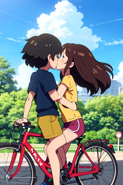 a couple of girls riding bicycles, a cartoon, happening, kissing together cutely, sport, animation still screencap, dolphin shorts,