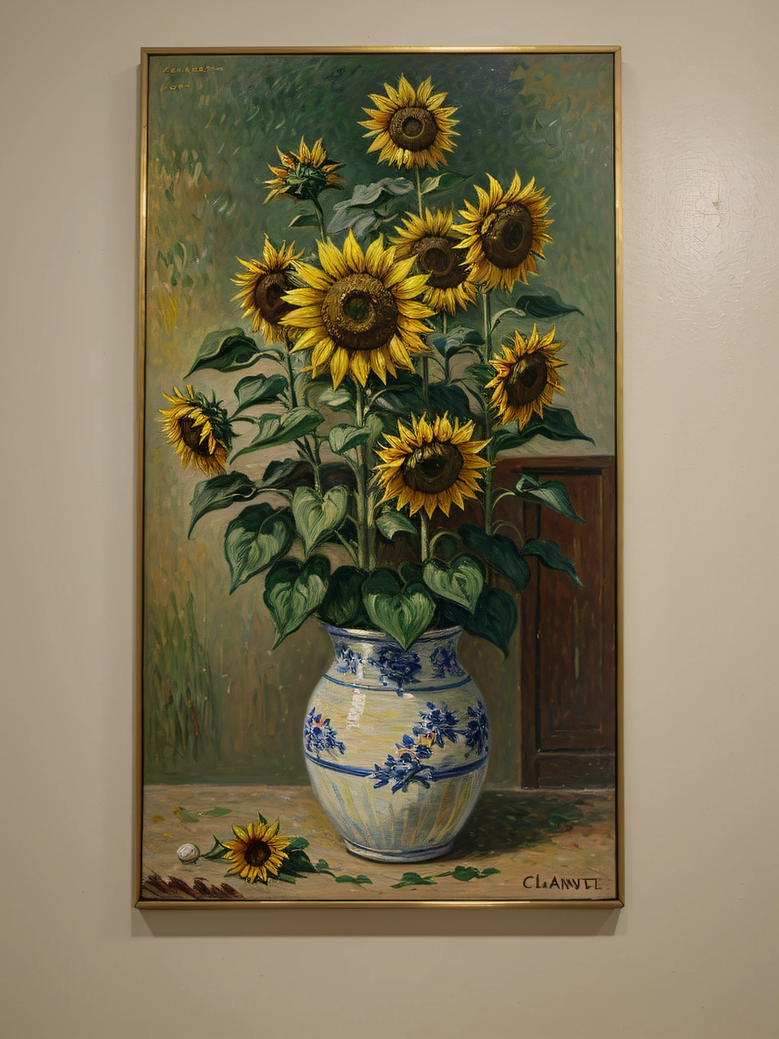 Old painting, Oil painting on canvas depicting sunflowers, works by artist Claude Monet, complete imitation of Claude Monet'style of, antique canvas