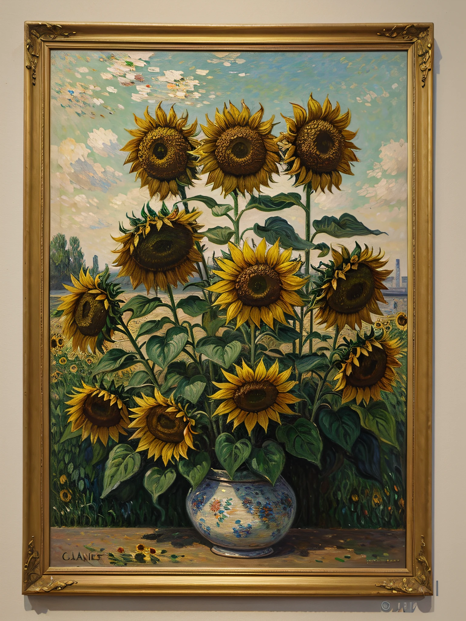 Old painting, Oil painting on canvas depicting sunflowers, works by artist Claude Monet, complete imitation of Claude Monet&#39;style of, antique canvas