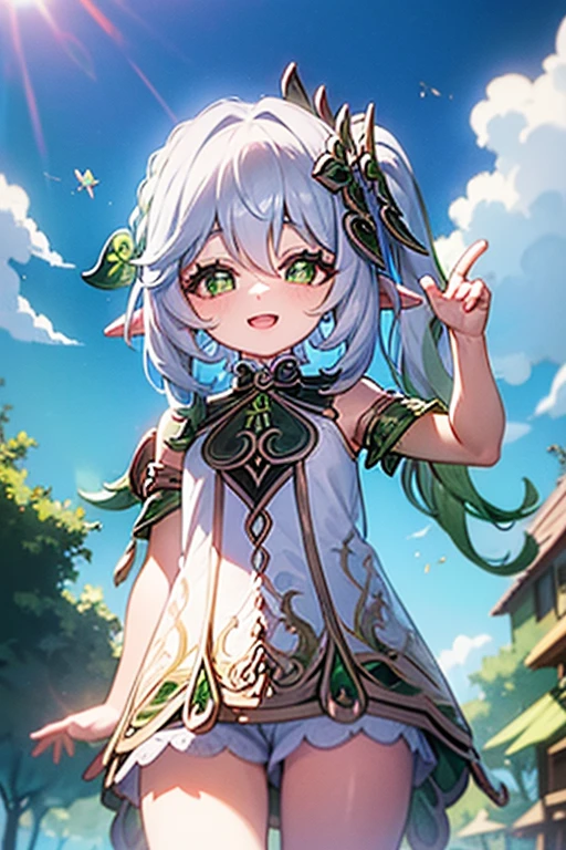 upkirt, loli, outside, open mouth, happy, smiling, sunny, happy, bright sunlight, grass, pointy ears, hair ornament, white hair, green hairstreak, from below, side ponytail, masterpiece, best quality, vagina, bottomless