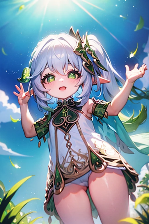 upkirt, loli, outside, open mouth, happy, smiling, sunny, happy, bright sunlight, grass, pointy ears, hair ornament, white hair, green hairstreak, from below, side ponytail, masterpiece, best quality, vagina, bottomless