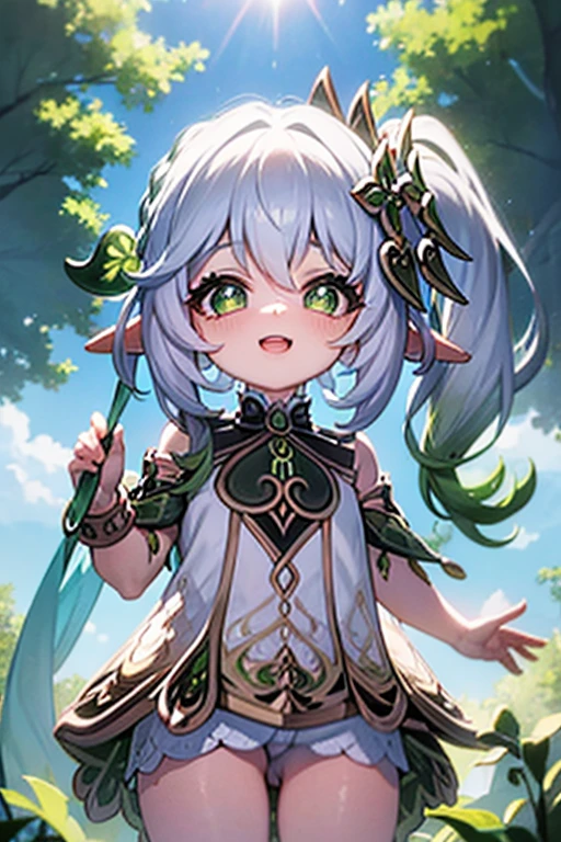 upkirt, loli, outside, open mouth, happy, smiling, sunny, happy, bright sunlight, grass, pointy ears, hair ornament, white hair, green hairstreak, from below, side ponytail, masterpiece, best quality, vagina, bottomless