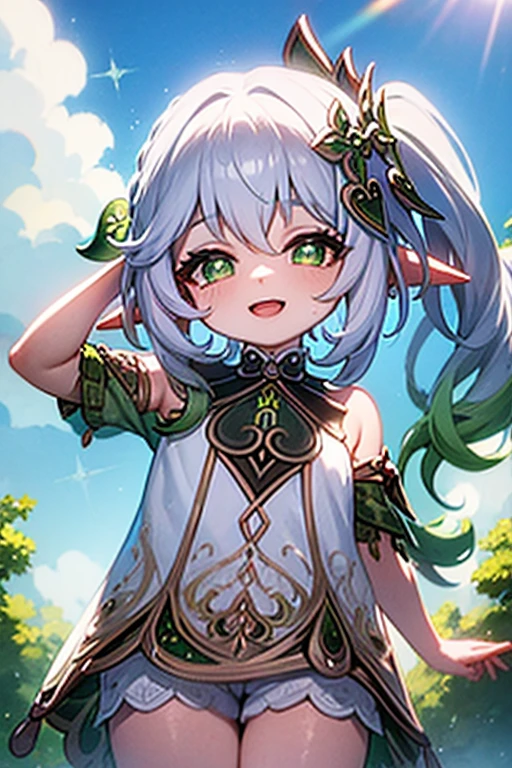 upkirt, li, outside, open mouth, happy, smiling, sunny, happy, bright sunlight, grass, pointy ears, hair ornament, white hair, green hairstreak, from below, side ponytail, masterpiece, best quality, vagina, bottomless