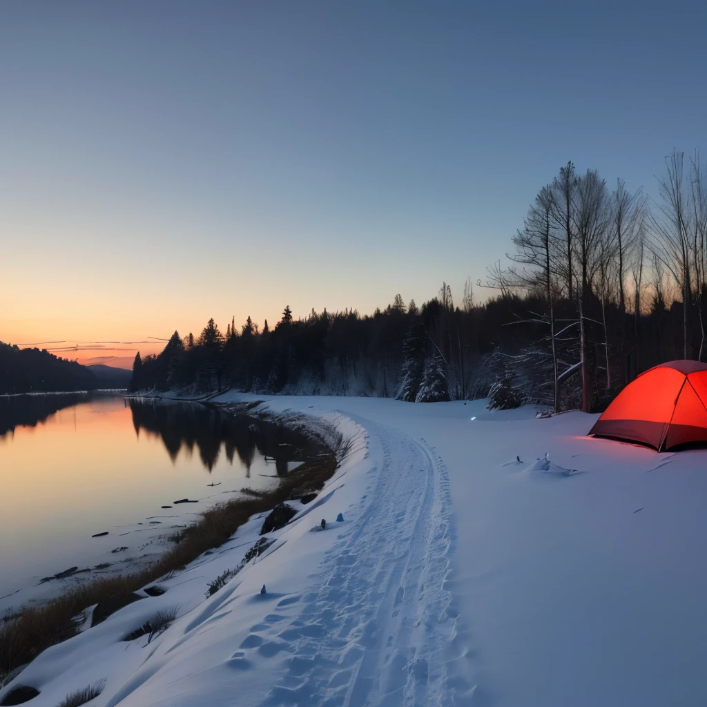 top-quality、masterpiece、超A high resolution、8K、(Photorealsitic:1.4)、Raw photo、Winter Campsites、in woods、super huge tent、Luxury bed、Luxurious chairs、Wood deck、There are several people camping、lake、The sky is covered with gray clouds、cloudy ash sky、Winter scene、Winter Camp、early evening、There is a woman with very short hair wearing a red high-necked knit