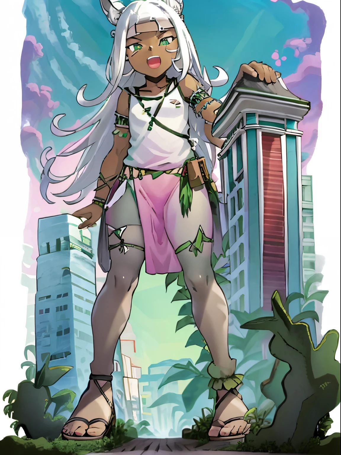 Ochette, dark skin, white hair, green eyes, giantess, huge, 70 ft tall, cute, full body, best quality, pink dress, metal bracelets, larger than buildings, flat ground, street, ground visible, black jeans, adorable, kind, gentle, empty hands, small build, slim, curious, detailed mouth, size difference, standing over skyscrapers, sandals, tiny city