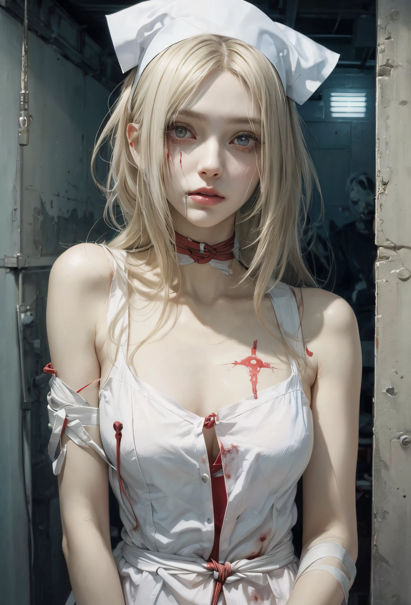 (Detailed illustrations,Very detailed and detailed drawing,Delicate lines with slow and rapid,Realistic texture expression),[Color tressed main line],Inorganic concrete room[Night Hospital],(Japan adult female[28 year old](Zombie Nurse))Hair put together [SKINNY((Small breasts))][pale skin](sickly look),([bandaged]Bondage Fashion),[[Return blood]],(Fine and beautiful skin expression [Transparency]),[Meticulously drawn hair],(Perfect hand details [Beautiful fingers without breakdowns [Beautiful nails]]),(Perfect Anatomy(Perfectly proportioned))[[Full body like]],[Ideal color coordination(Accurate simulation of light-material interactions)],([Precision Detail](detaileds,high-detail)),[[Pale and gentle colors]][Visual art that conveys a sense of narrative] [[Eros in the Natural Body]].